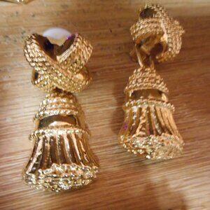 CLIP ON EARRINGS -  HOT CROSS BUNS IN GOLD METAL - WITH DANGLE